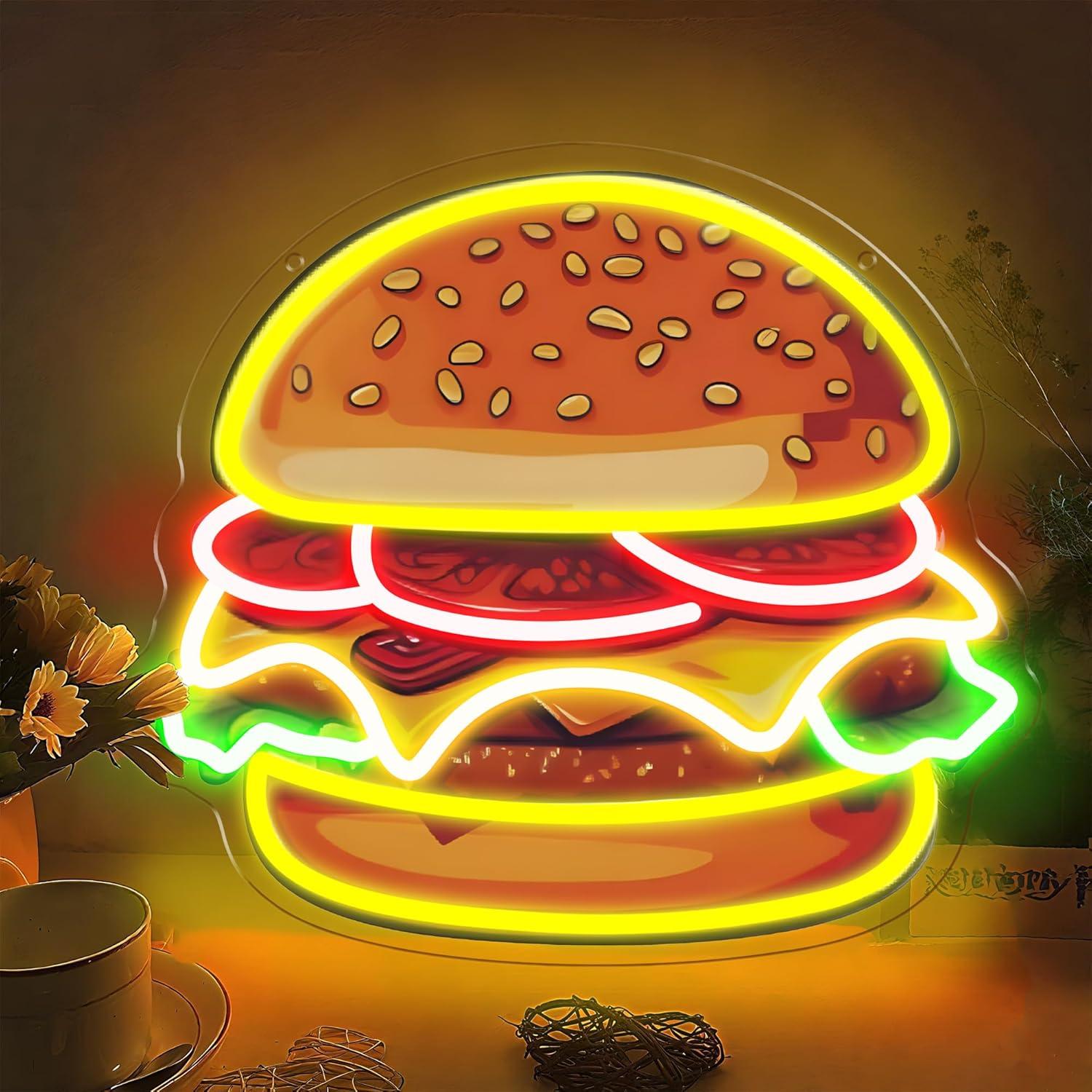 Wall Decor Lighting - لافتة نيون LED على شكل برجر،